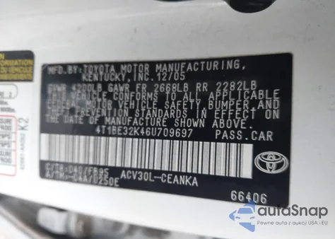 2006 Toyota Camry Le from USA, damaged, VIN 4T1BE32K46U709697